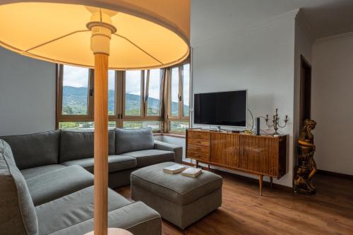sala de estar con sofá y TV de pantalla plana en Apartamento T3 - D'ouro a Vista, en Peso da Régua
