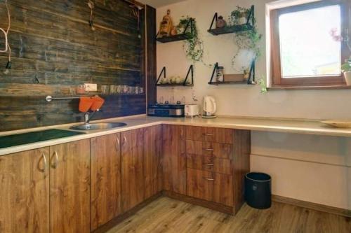 cocina con armarios de madera, fregadero y ventana en Wynajem pokoi Natalia, en Sromowce Niżne