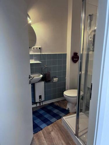 a bathroom with a toilet and a sink and a shower at Ferienwohnung am MeetingPoint in Weilmünster