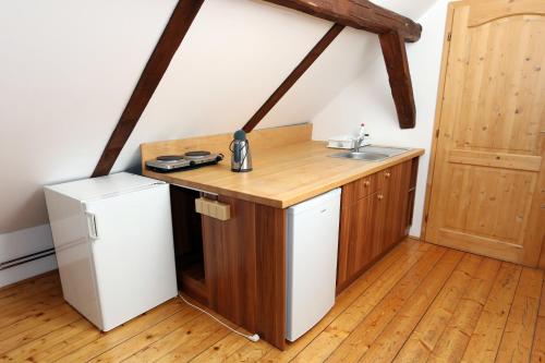 a small kitchen with a sink and a refrigerator at Penzion Mauritz in Nová Pec