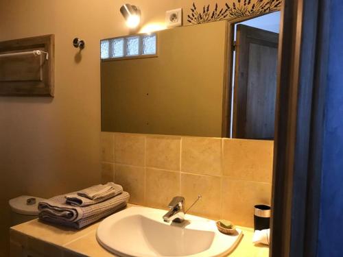 La salle de bains est pourvue d'un lavabo et d'un miroir. dans l'établissement Hôtel Restaurant L’Observatoire, à Saint-Michel-lʼObservatoire