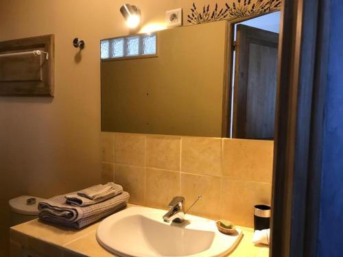 a bathroom with a sink and a mirror at Hôtel Restaurant L’Observatoire in Saint-Michel-lʼObservatoire