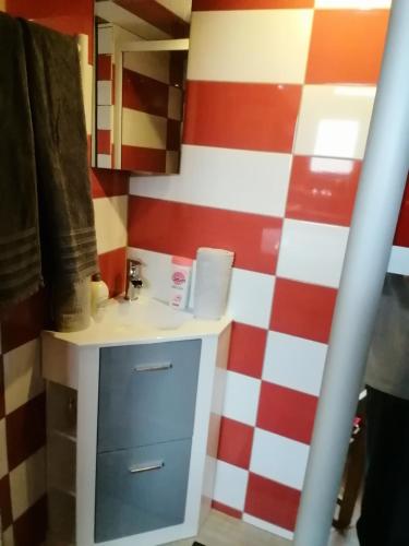 baño con lavabo y pared a cuadros rojo y blanco en Le petit loft, en La Croix-en-Touraine