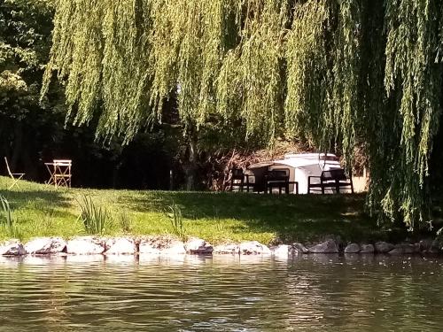 a camper under a tree next to a lake at Havre de paix au bords de l'Eure - divers hébergements in Neuilly