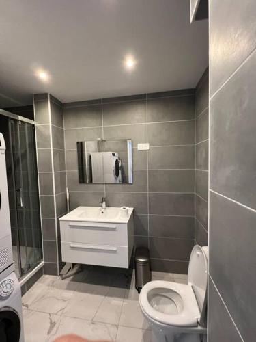een badkamer met een toilet, een wastafel en een spiegel bij Superbe appartement entièrement rénové in Parijs