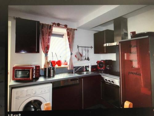 une cuisine avec un lave-linge et un micro-ondes dans l'établissement Appartement cosy - grande terrasse pleine vue lac, à Gérardmer