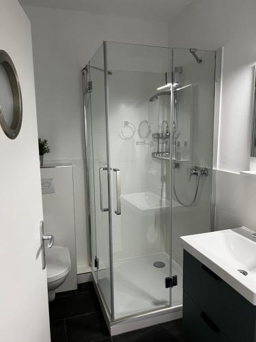 La salle de bains est pourvue d'une douche, de toilettes et d'un lavabo. dans l'établissement Little Dream, à Timmendorfer Strand