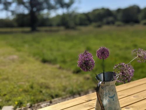 a vase with purple flowers sitting on a table at Kenny’s Hut in Cowfold