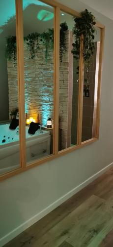 a large mirror in a room with a room with a bed at L'Essentiel - Love 5 Etoiles in Talmont