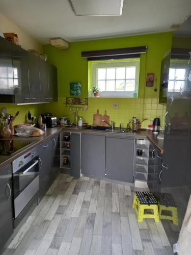 d'une cuisine avec des appareils électroménagers en acier inoxydable et des murs verts. dans l'établissement Maison de vacances à la plage, à Saint-Nic