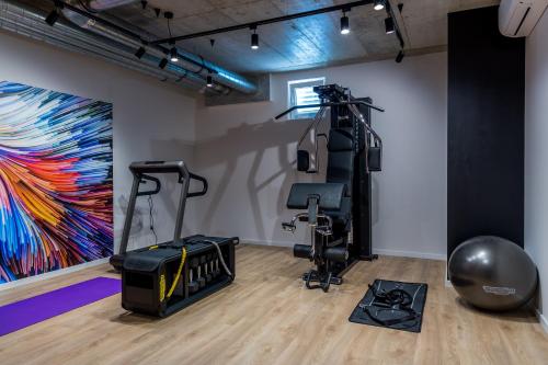 a room with a gym with a exercise bike and a painting at Villa The View Opatija in Opatija