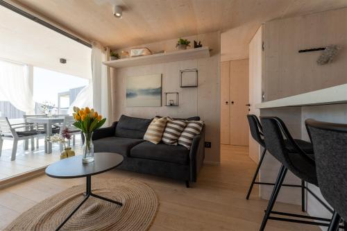 ein Wohnzimmer mit einem Sofa und einem Tisch in der Unterkunft BUQEZ ECOVILLA 59 - DELPHINA in Drage