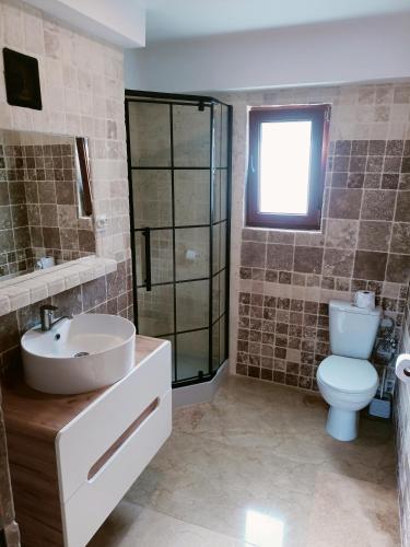 a bathroom with a sink and a toilet at Domki w Bieszczadach in Polańczyk