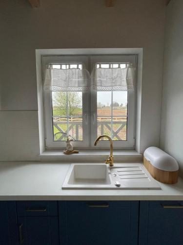 a kitchen with a sink and a window at Sominy House dom na Kaszubach in Sominy