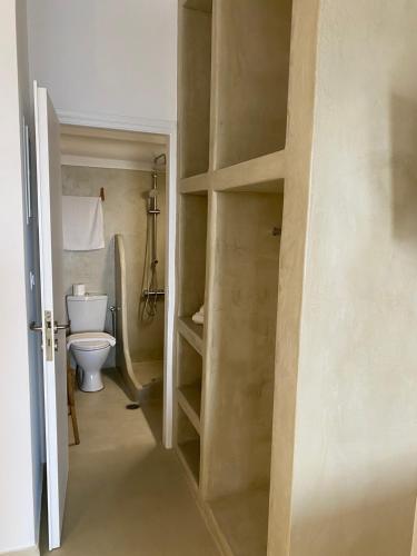 a small bathroom with a toilet in a room at Fabio Studios in Kionia