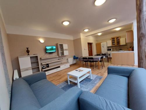 a living room with a blue couch and a table at CsaládBarát Vendéglak Szegedi Magánszálláshely 9 fő részére, nagycsaládok és baráti társaságok részére in Szeged