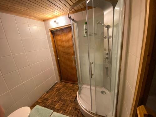 ein Bad mit einer Dusche und einem WC in der Unterkunft Tanuma Apartment in Tallinn