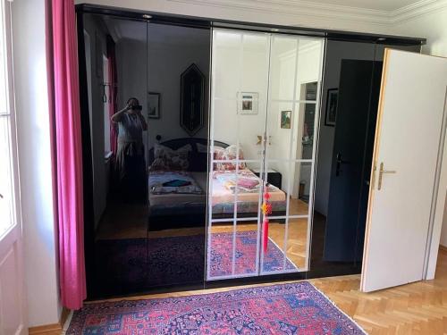 a room with a glass door with a bed and a mirror at Villa Hiss in Bad Gastein