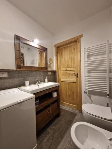 a bathroom with a sink and a toilet and a mirror at L'Atelier du Temps - Treinadan Appartement in Cogne