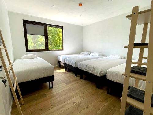 a room with three bunk beds and a window at Lielkalnu Muiža in Blome