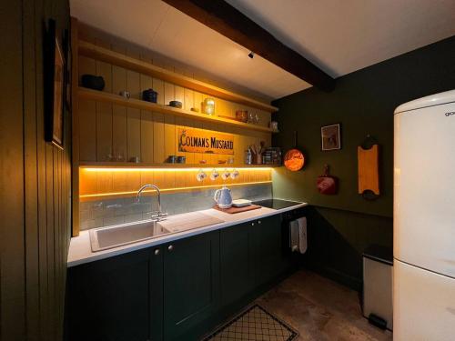 uma cozinha com armários verdes, um lavatório e um frigorífico em Waters edge em Cucklington