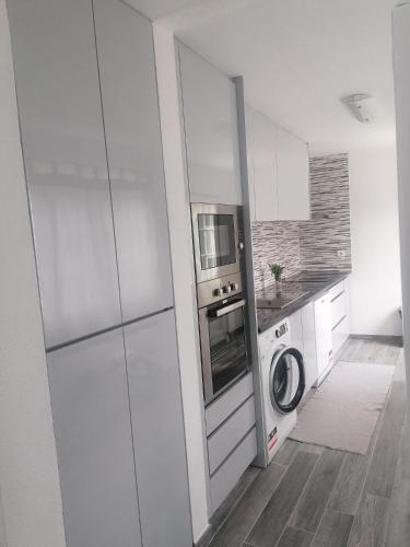 a kitchen with a refrigerator and a washer and dryer at Casa Avós D'Ouro - Barqueiros, Mesão Frio, Douro in Mesão Frio
