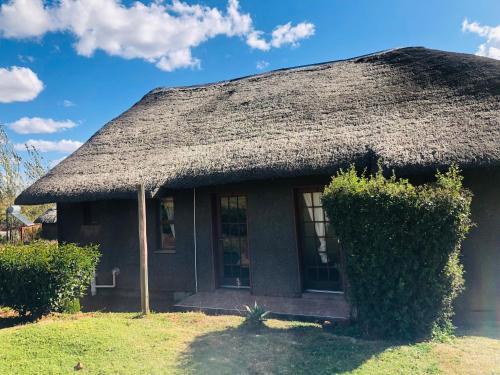 a house with a thatch roof with a porch at Ribaneng Lodge in Ribaneng