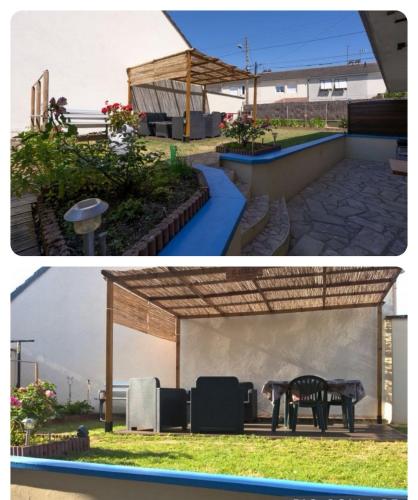 deux photos d'un patio avec un banc et une table dans l'établissement 2 chambres privatives avec Sdb proche circuit, à Arnage