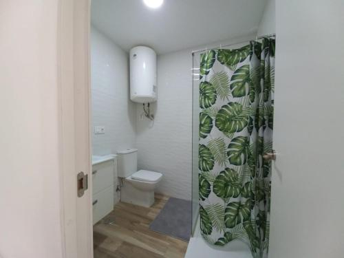 a bathroom with a toilet and a shower curtain at Bazan Apartaments2 in Alicante