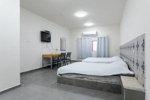 a bedroom with two beds and a desk and a tv at Little Prince Hostel-5 Min Walk To The Beach in Eilat