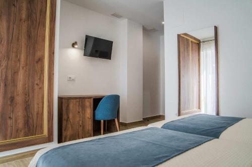 a bedroom with a bed and a chair and a television at HOTEL RURAL LA TEJA in Segura de León
