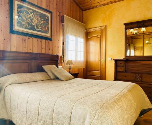 a bedroom with a large bed and a mirror at Apartamentos Numancia in Garray
