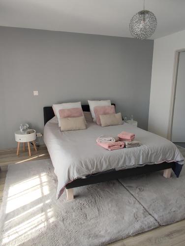 1 dormitorio con 1 cama grande con almohadas rosas en Chambre Ruaudin, en Ruaudin