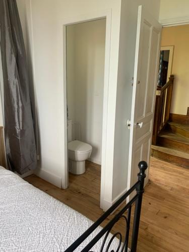 a bathroom with a toilet and a bed in a room at La Forge de Béduer in Béduer