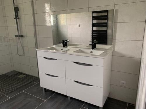een witte badkamer met een wastafel en een douche bij Les Enfants du Marais in Favières