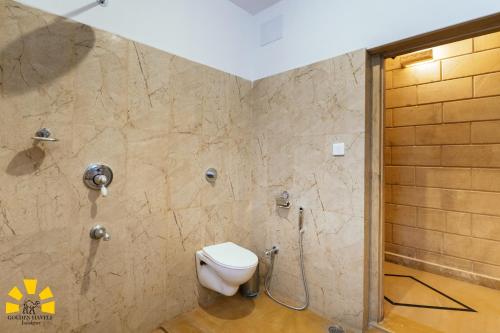a bathroom with a toilet and a shower at Hotel Golden Haveli in Jaisalmer