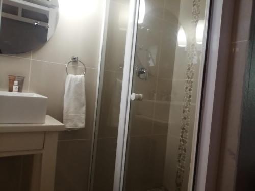 a shower with a glass door next to a sink at Seaforth Guesthouse in East London