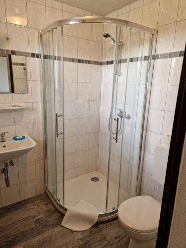 a bathroom with a shower with a toilet and a sink at Pension Weghof mit Gasthaus in Böbrach