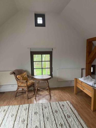 a room with a table and a chair and a bed at Komfortowy dom w lesie in Miedzichowo
