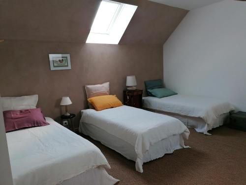 1 dormitorio con 2 camas y tragaluz en La Robinière Maison d'Hôtes en Mont-près-Chambord