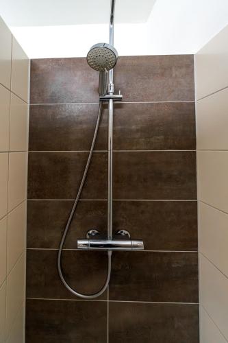 a shower in a bathroom with brown tiles at Modern 6 bathroom villa in the city in Oldenburg