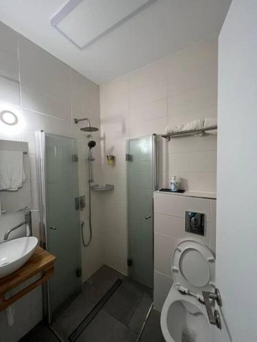 a bathroom with a shower and a toilet and a sink at Galilee sea Sunset Suites in Migdal