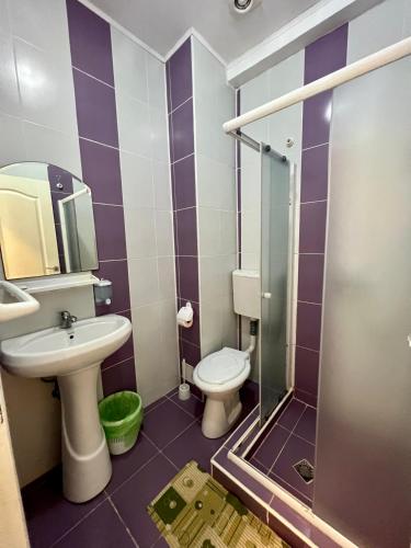 a bathroom with a toilet and a sink and a shower at Vila Bordei Verde in Mamaia Sat/Năvodari