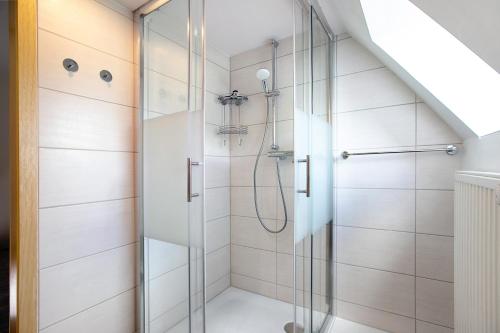 y baño con ducha y puerta de cristal. en An der Rehkoppel, en Boren