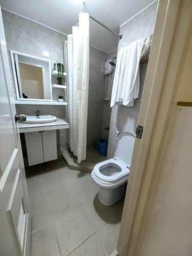 a bathroom with a toilet and a sink at CasaMia Studio Sanremo Oasis Cebu in Talisay