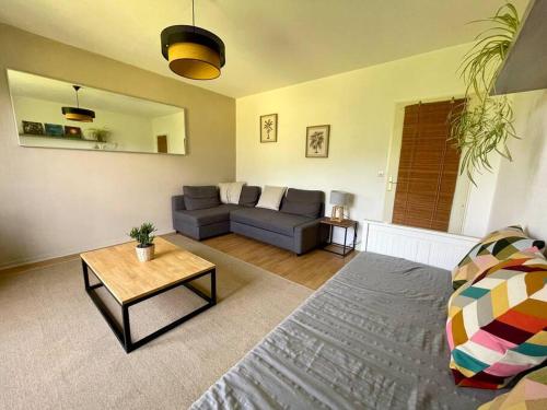 a living room with a couch and a table at Studio au pied du Vercors in Saint-Jean-en-Royans