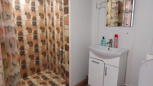 y baño con lavabo y ducha. en Sevan - Tsovazard Beach House, en Tsovazard