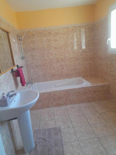 een badkamer met een wastafel en een bad bij Villa natasa in Saint-Laurent-de-la-Salanque