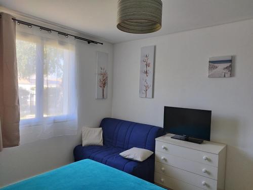 un salon avec un canapé bleu et une télévision dans l'établissement maison la garenne, à Royan
