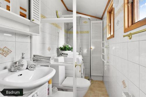 uma casa de banho branca com um lavatório e um WC em Sällskapshus i mysig skärgårdsmiljö em Ramsdalen